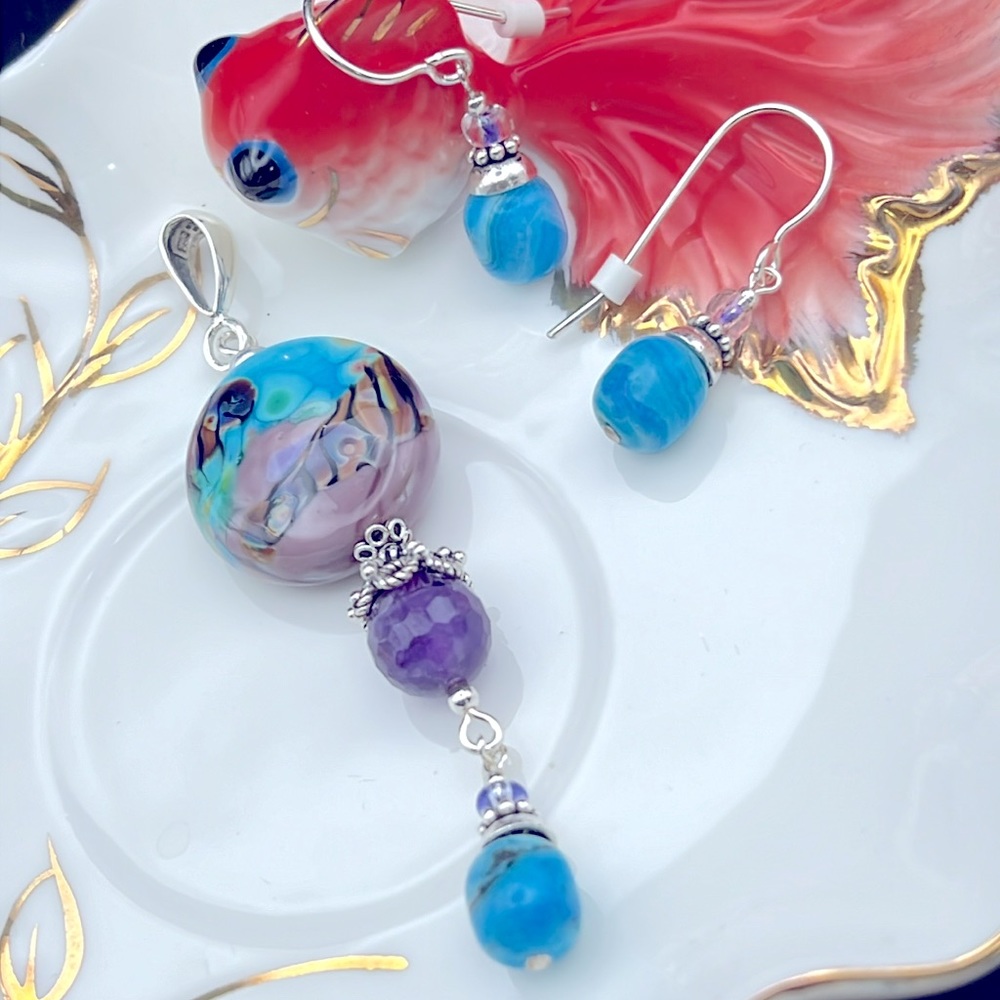 🆕 SET PENDANT AND EARRINGS STERLING SILVER LAMPWORK GLASS